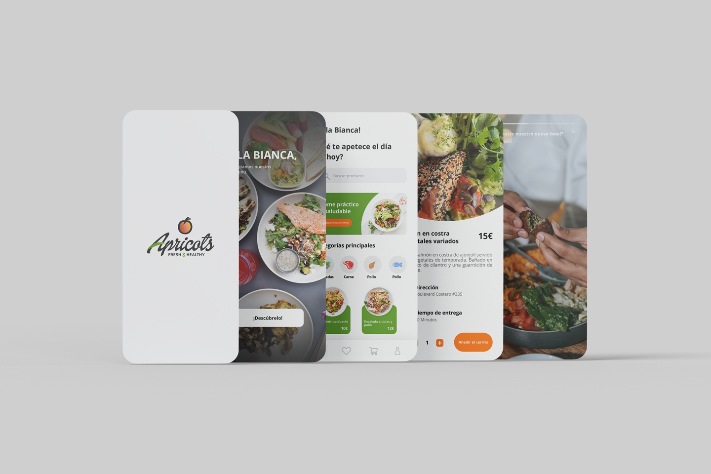 Pantallas de la app de pedidos de Apricots: inicio, menú por categorías y detalle de plato.
