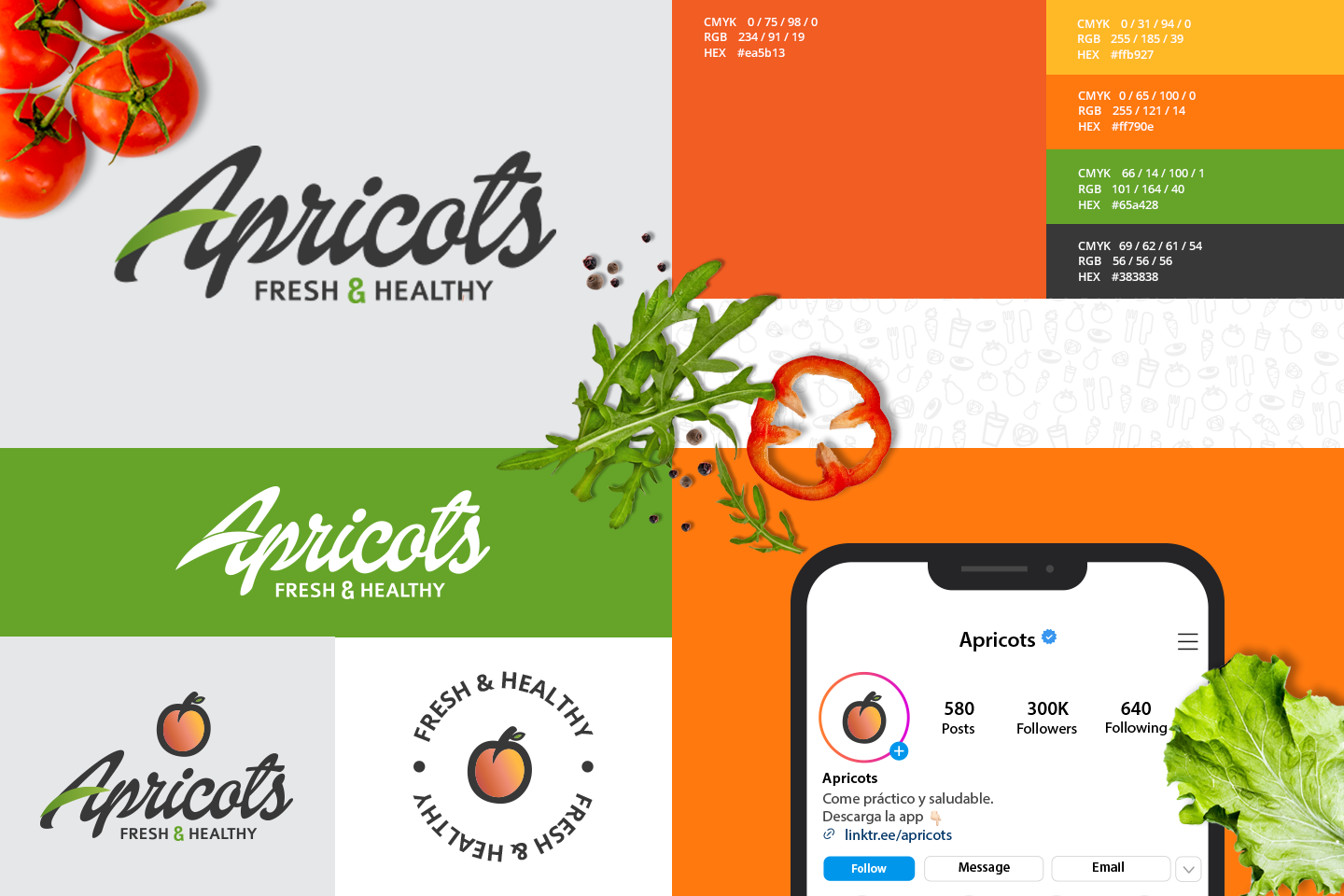 Tablero de marca de Apricots: variantes de logotipo, paleta de color codificada e ícono, con mockup de perfil de Instagram.