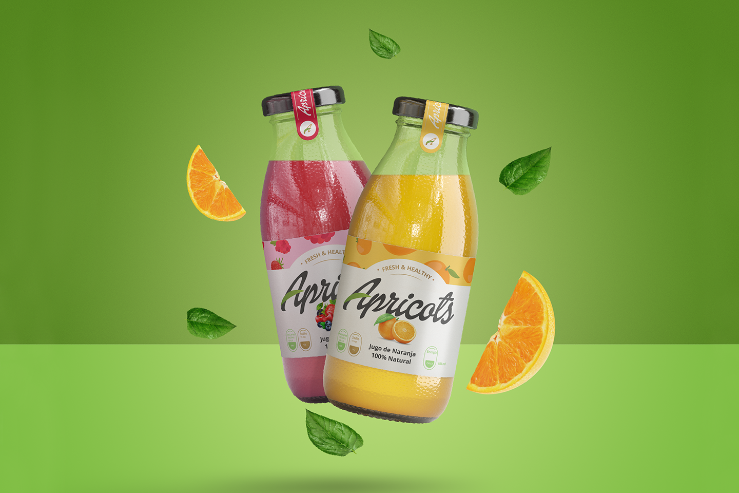 Botellas de jugo natural de Apricots (frutos rojos y naranja) flotando sobre fondo verde con gajos de naranja.