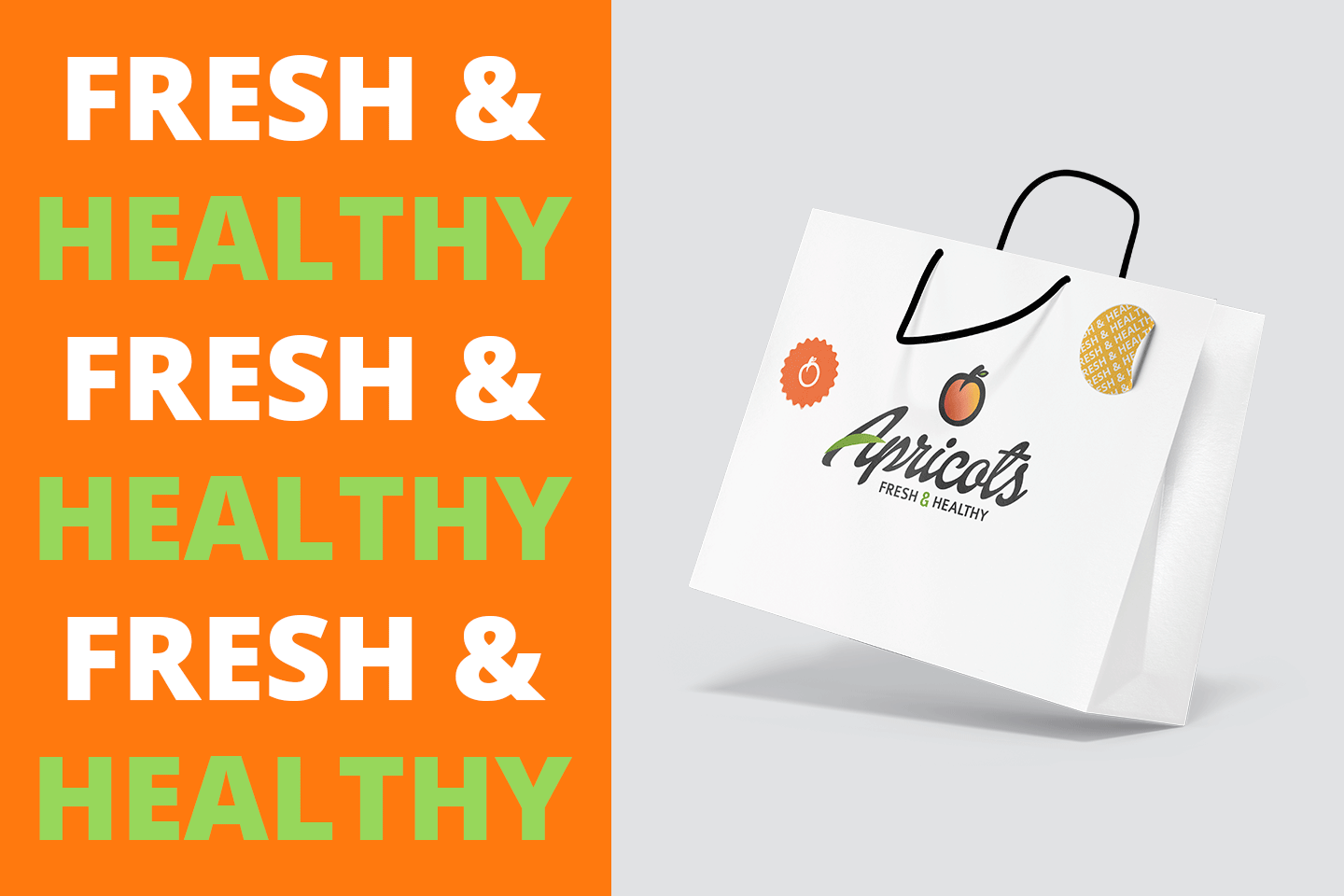 Aplicación de marca «Fresh & Healthy» y bolsa de papel con el logotipo de Apricots.