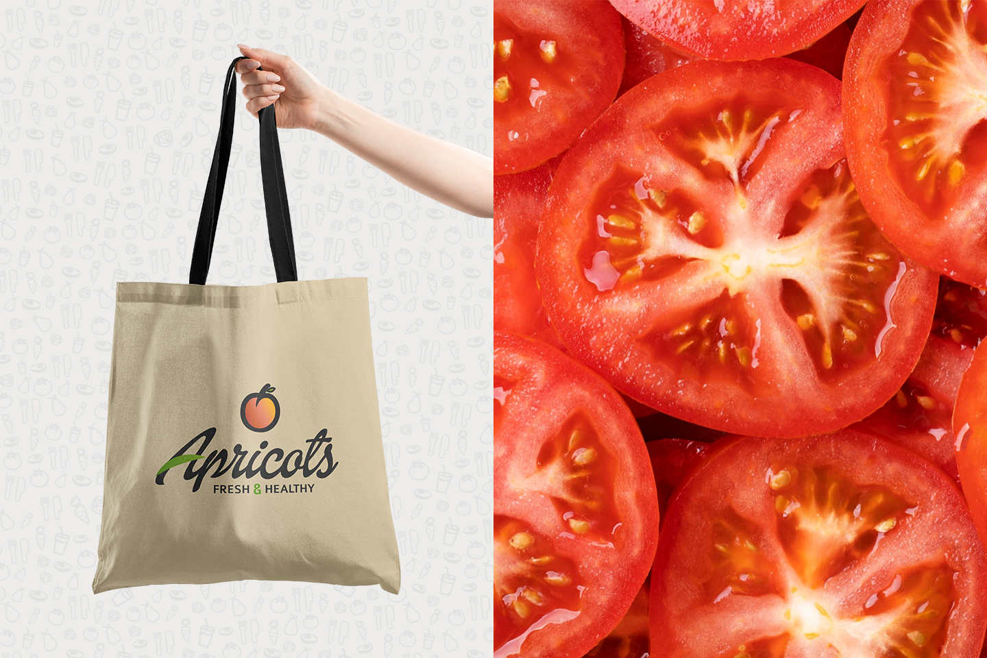 Tote bag con el logotipo de Apricots junto a un primer plano de tomates en rodajas.
