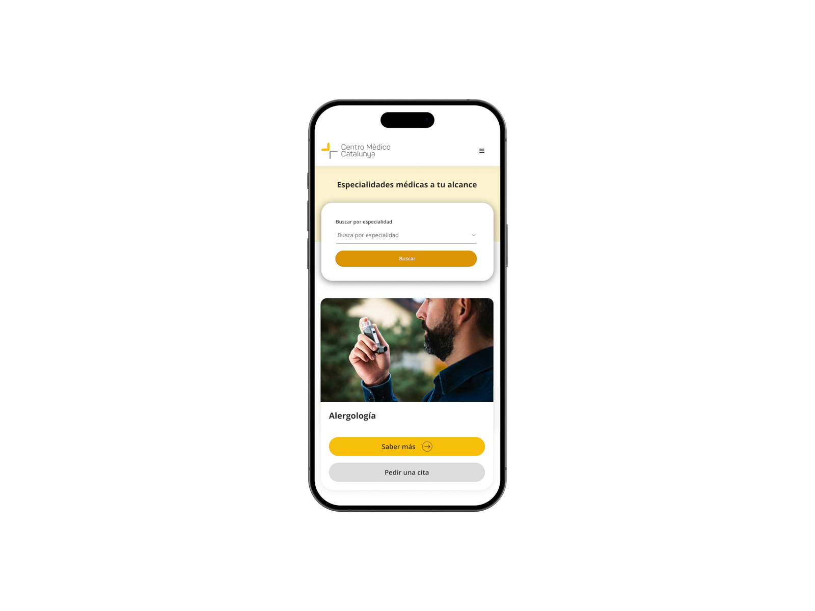 App de Centro Médico Catalunya — búsqueda de especialidades