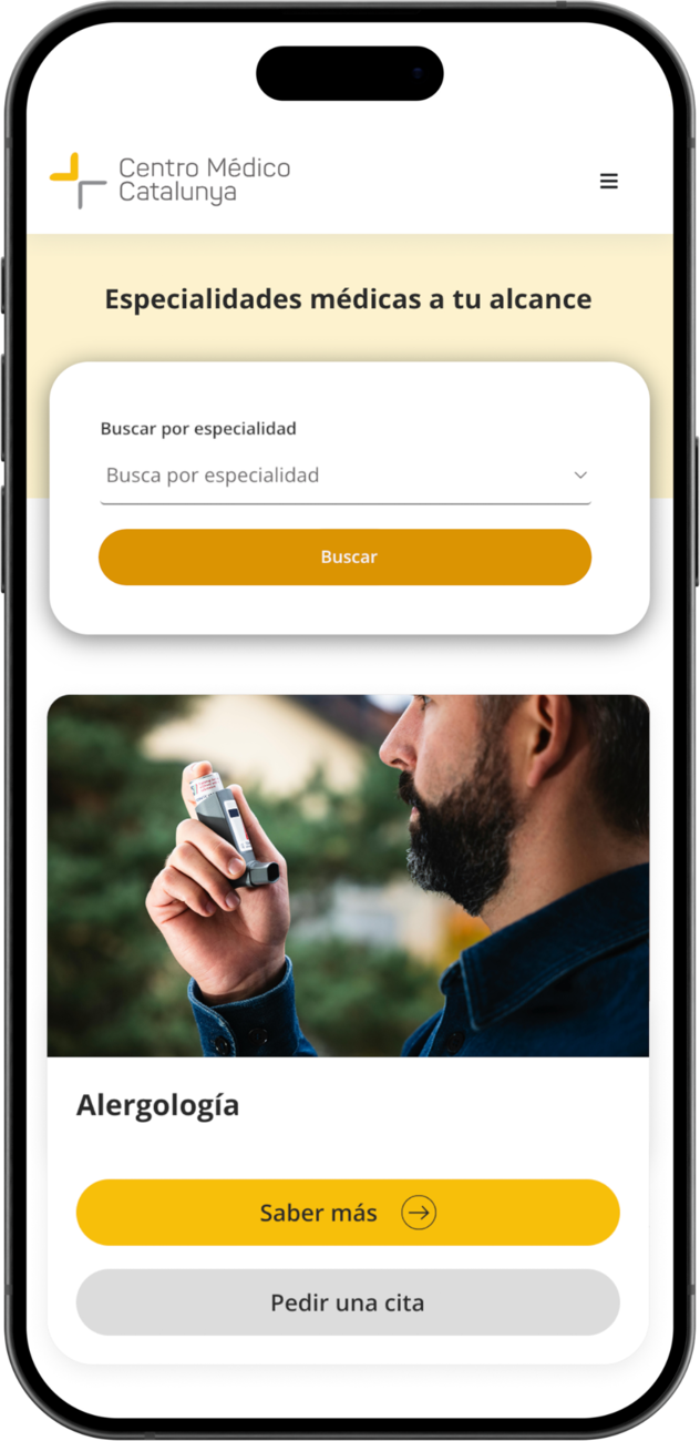 App de Centro Médico Catalunya — búsqueda de especialidades