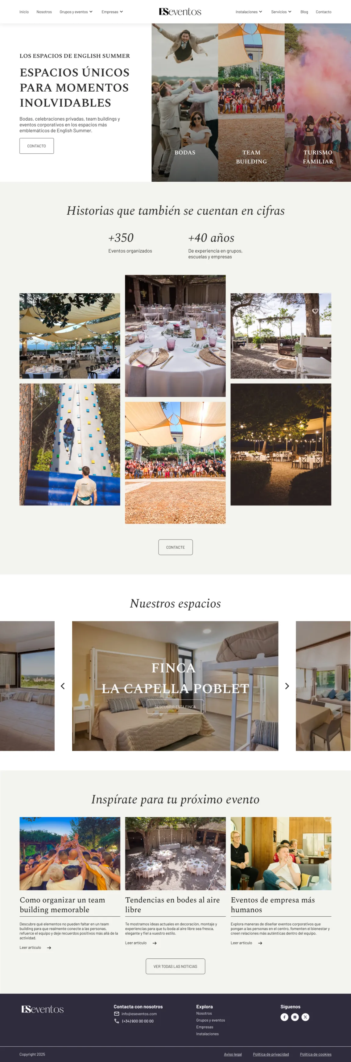 ES Eventos — página de inicio completa: hero segmentado, cifras, grid editorial y slider de espacios