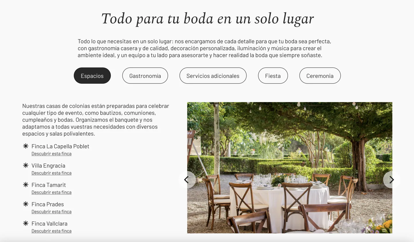 ES Eventos — módulo de bodas con navegación por pestañas (Espacios, Gastronomía, Servicios)