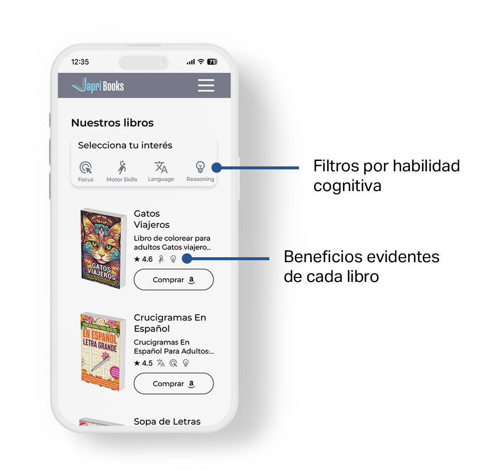 Montaje 1 — móvil con la app Japri Books