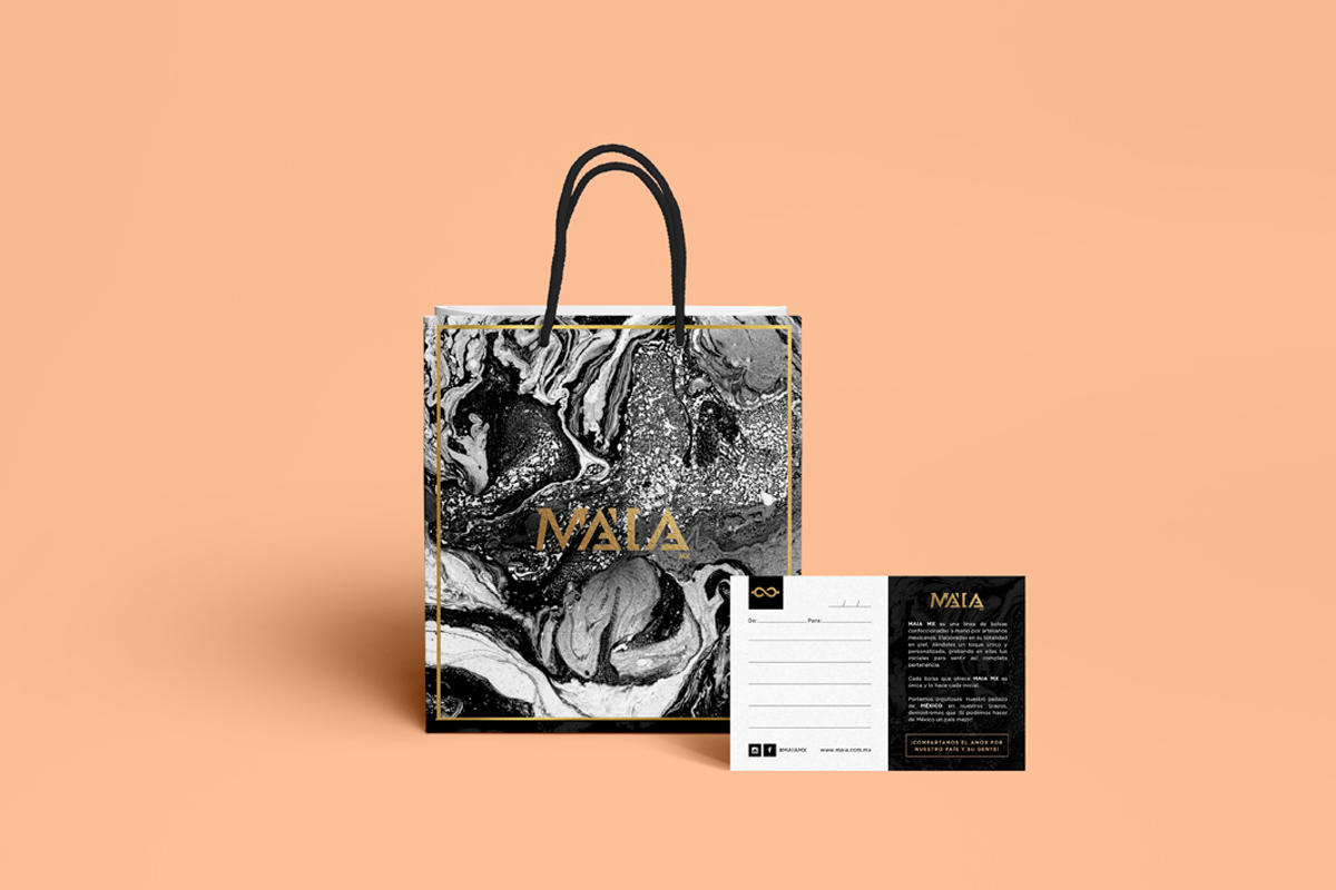 Bolso con estampado pre-hispánico y papelería de Maia.