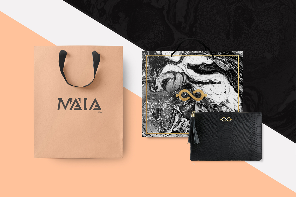 Bolsa de papel y pañuelo estampado del sistema de marca Maia.