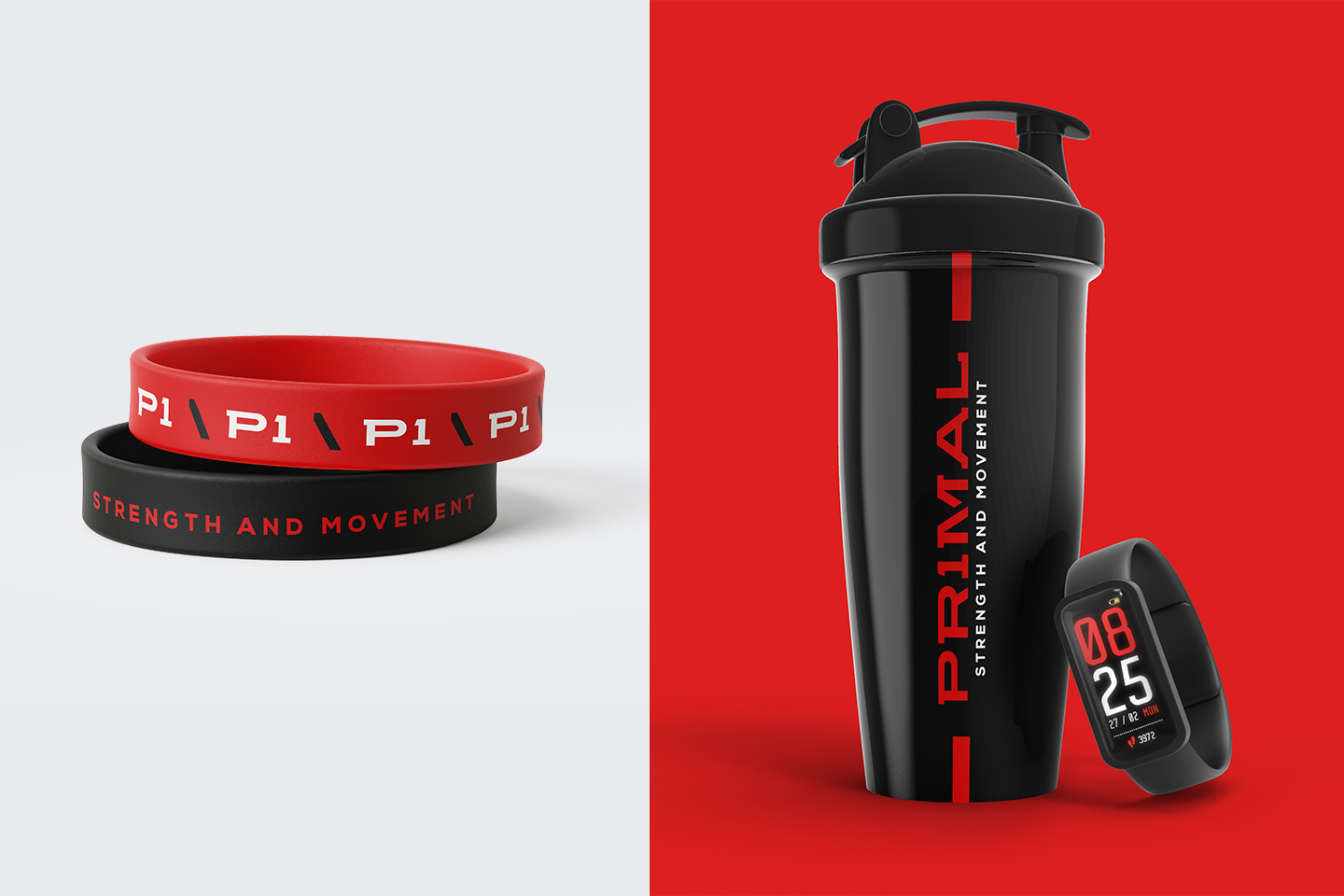 Accesorios de marca de Primal: pulsera roja y shaker negro.