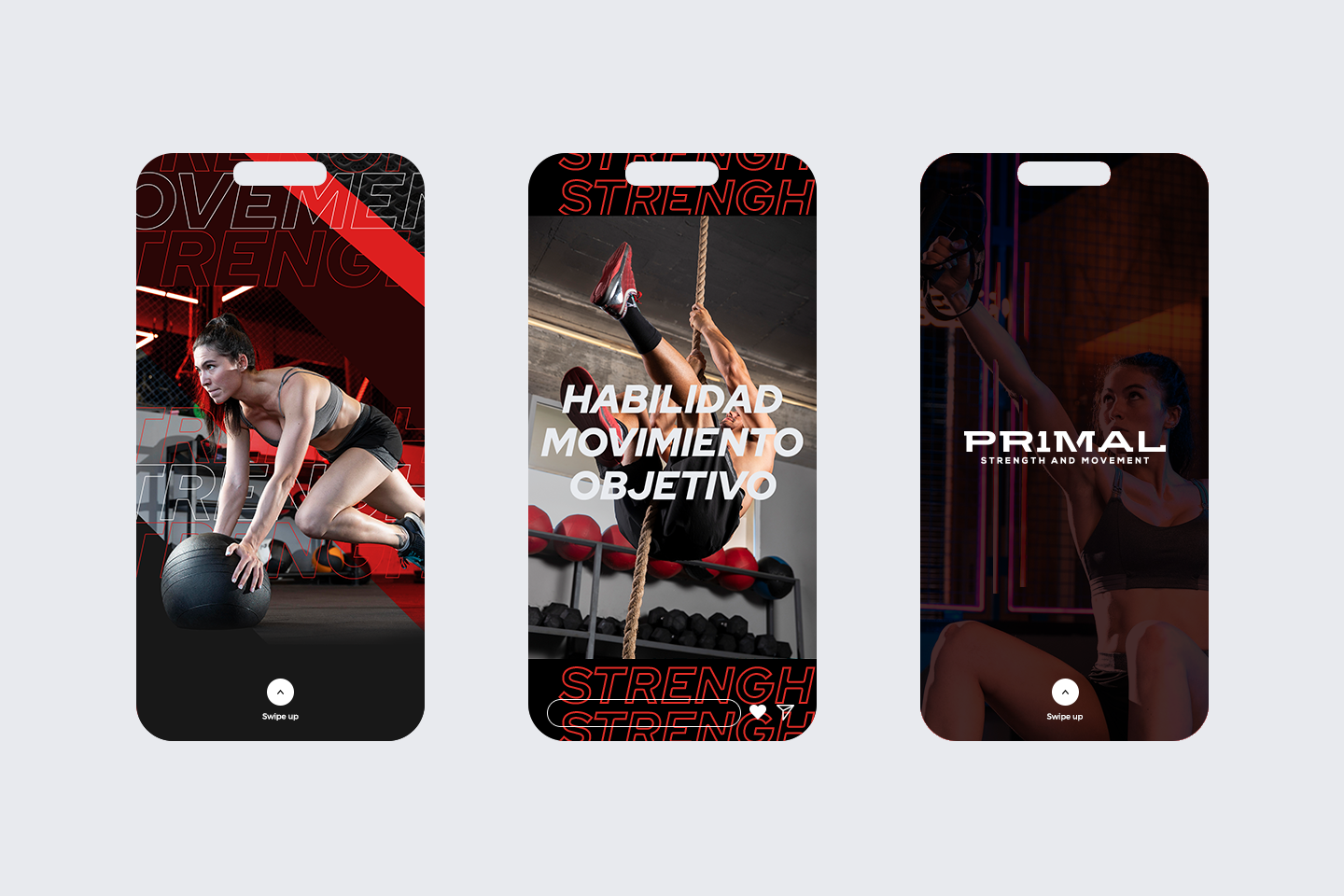 Tres pantallas de la app de Primal sobre fondo rojo.