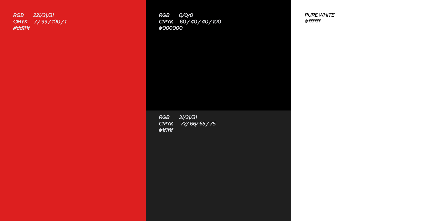 Sistema de color de Primal: bloques en rojo intenso y negro con sus códigos Pantone.