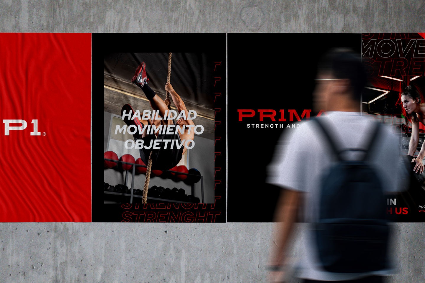 Arquitectura del logotipo de Primal: variantes «P1» y «PR1MAL» junto a una atleta.