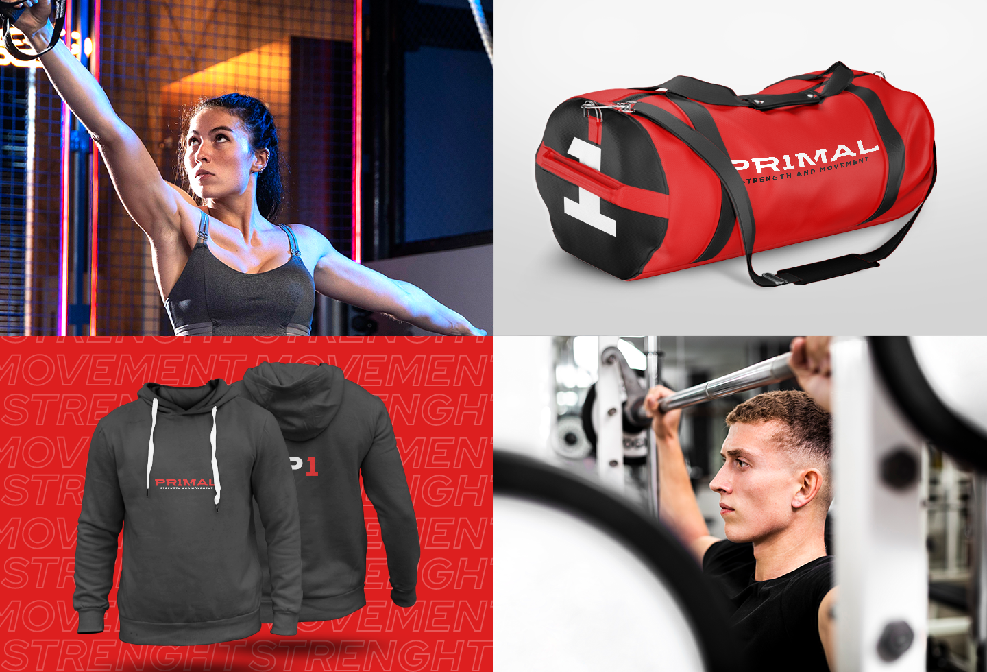 Aplicaciones de marca de Primal: atleta en anillas, shaker rojo, sudadera negra y ciclista.